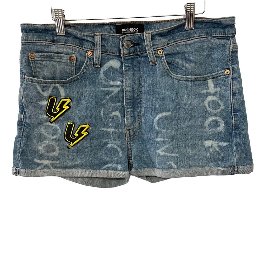 Unshook Womens 32 Brushed Logo Denim Shorts Upcycled Streetwear U-Bolt Patches
